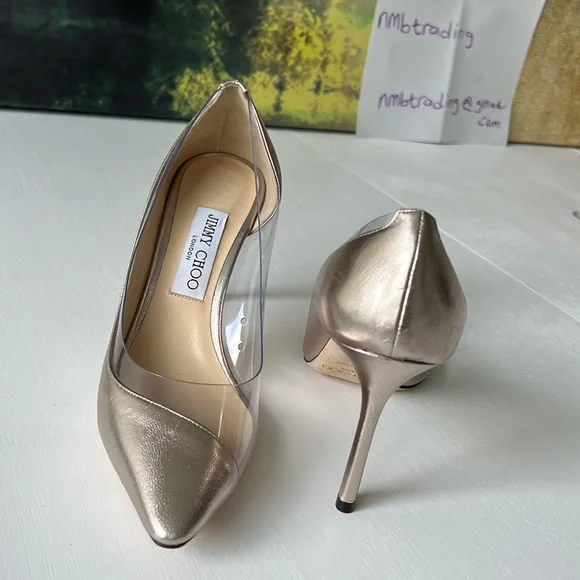 Jimmy Choo champagne color & plastic trim 8.5M(38.5) pointed toe classic pumps